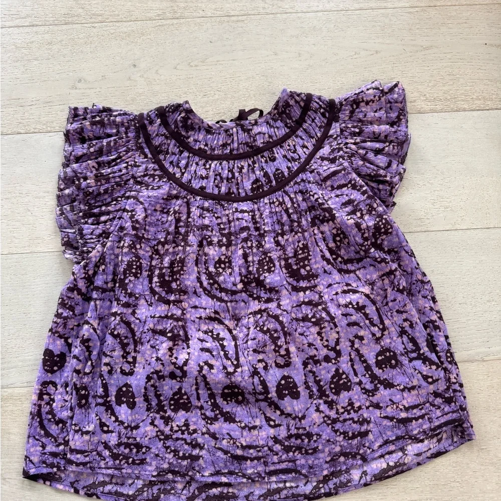 ULLA JOHNSON Amai Blouse Purple Batik Top Size 4 Small Flutter Sleeve Boxy - Picture 6 of 11